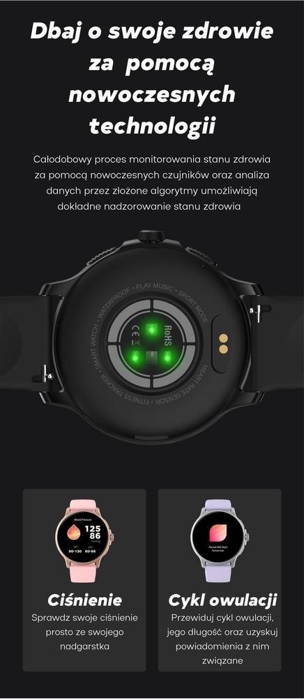 Smartwatch Damski GRAVITY GT12-4 Czarny Pasek Silikonowy + Bransoleta Różowe Złoto