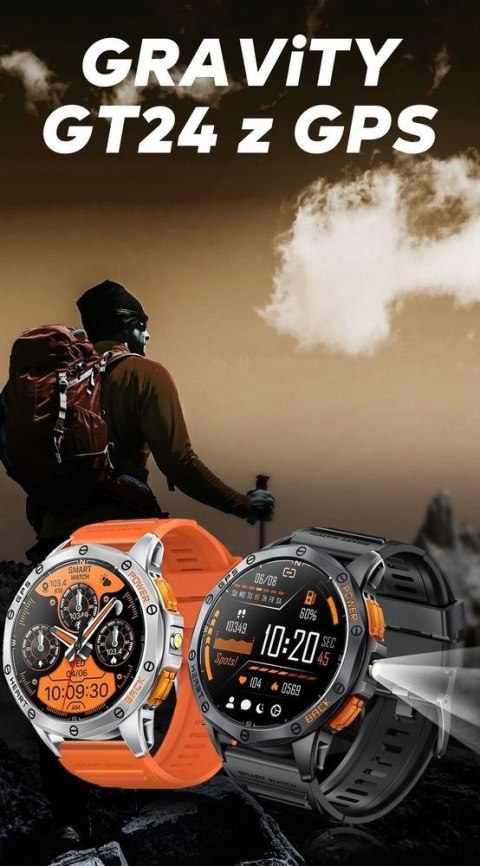 Smartwatch Męski GRAVITY GPS GT24-4 Czarny Pasek Silikonowy + Pomarańczowy Pasek Silikonowy
