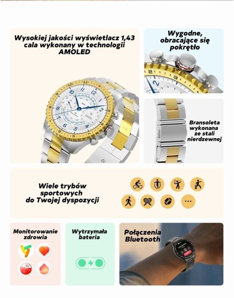 Smartwatch Męski GRAVITY GT16-1 Gold / Złota Bransoleta