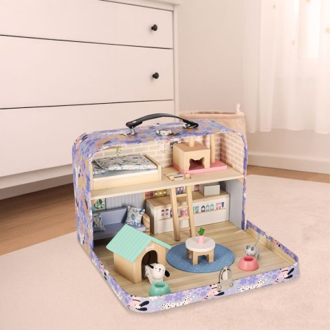 Domek w walizce hotel spa dla zwierząt drewniane mebelki figurki