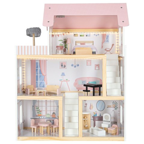 Domek dla lalek drewniany mebelki 80cm róż LED