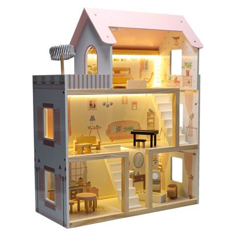 Domek dla lalek drewniany mebelki 80cm róż LED