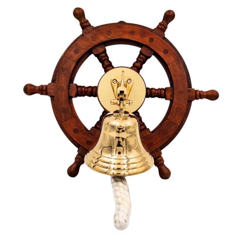 Dzwon Okrętowy Mosiężny w Kole Sterowym - Dekoracja Marynistyczna - NC2356A