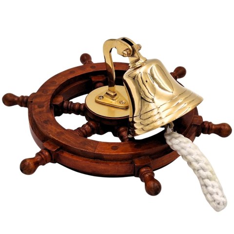 Dzwon Okrętowy Mosiężny w Kole Sterowym - Dekoracja Marynistyczna - NC2356A