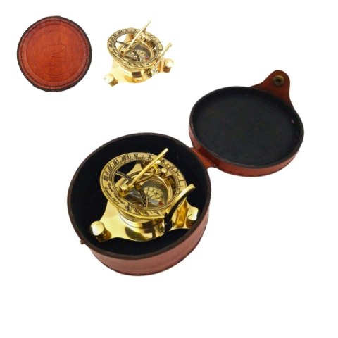 Mosiężny kompas i zegar słoneczny w skórzanym etui - SUN023F