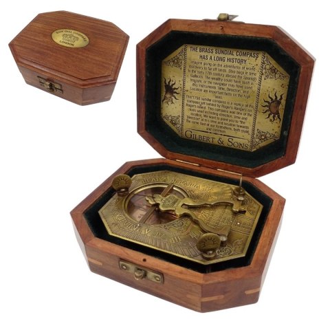 Zegar Słoneczny z Kompasem w Pudełku Drewnianym - Retro Prezent dla Podróżnika - SUN-0106