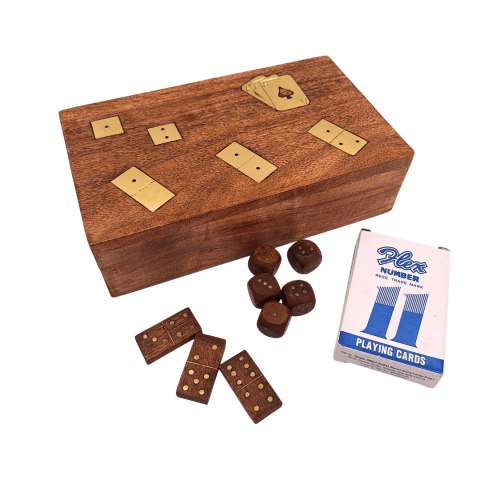 Zestaw gier 3w1 w pudełku drewnianym Karty Domino Kości - DNU-011