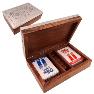 Dwie Talie Kart i Kości do Gry w Pudełku Drewnianym z Aluminiowym Topem - DC-004