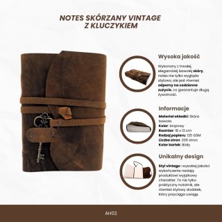 Notes Skórzany Retro z Kluczykiem i Paskiem 200 stron 18 x 13 cm - AH02