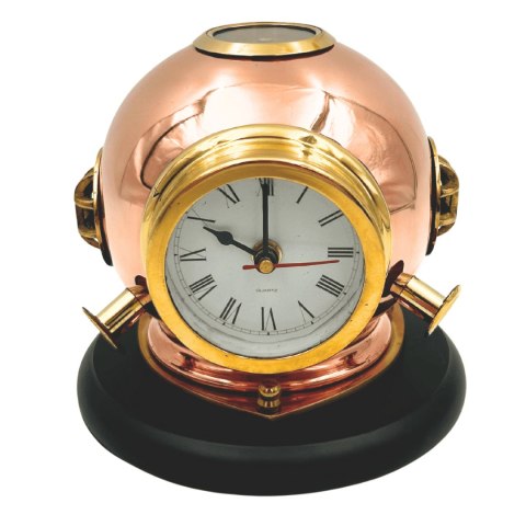 Zegar Biurkowy Hełm Nurka z Kompasem - Mosiężny na Drewnianej Podstawie - TC032