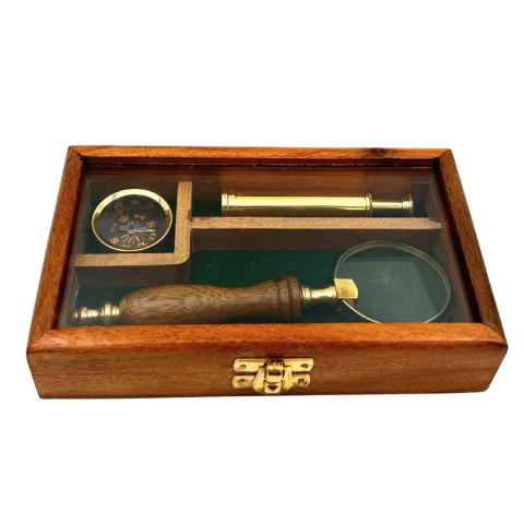 Zestaw Podróżnika - Luneta + Kompas + Lupa w Drewnianym Pudełku - NC2677AZ