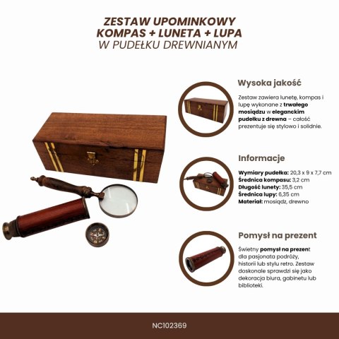 Zestaw Prezentowy Retro - Kompas, Luneta i Lupa w Pudełku Drewnianym - NC102369