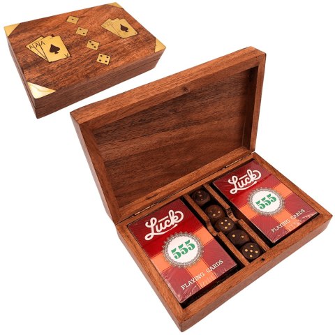 Zestaw do Gry - Dwie Talie Kart i Kości do Gry w Drewnianym Pudełku - Elegancki Prezent dla Gracza - DNU-008