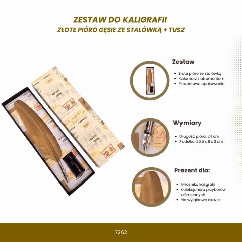 Zestaw do kaligrafii - Złote pióro gęsie ze stalówką + tusz - 7262