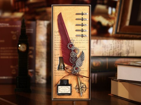 Zestaw piśmienniczy - Pióro bordowe z kałamrzem, atramentem i 5 stalówkami