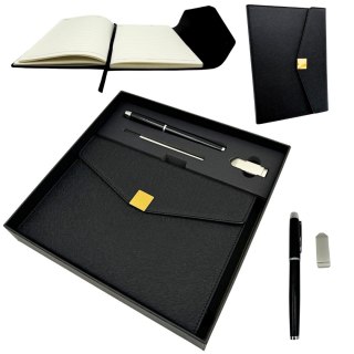 Elegancki Zestaw Prezentowy Premium - Notes A5 z Długopisem i Pendrive 16GB w Pudełku - Czarno-złoty - EE9
