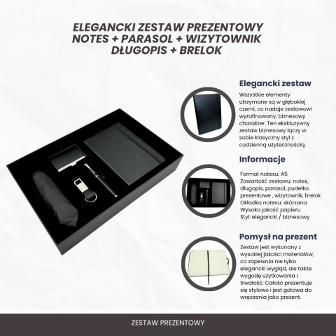 Elegancki Biznesowy Zestaw Prezentowy Premium - Skórzany Notatnik Parasol Wizytownik Długopis Brelok - EE15
