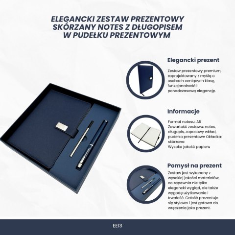 Elegancki Zestaw Prezentowy Granatowy Skórzany Notes A5 z Długopisem w Pudełku Prezentowym - EE13