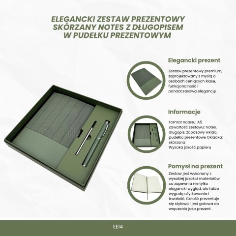 Elegancki Zestaw Prezentowy - Skórzany Notes A5 z Długopisem w Pudełku Prezentowym - Oliwkowa Zieleń - EE14