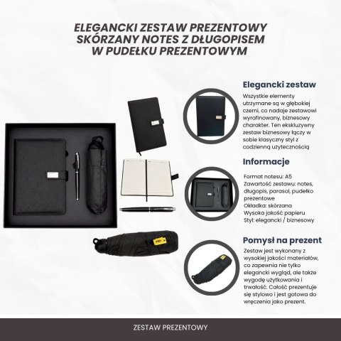 Elegancki Zestaw Upominkowy - Notes Skórzany z Parasolką i Długopisem w Pudełku Prezentowym - EE12