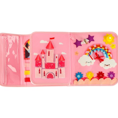 Tablica manipulacyjna sensoryczna montessori walizka plecak różowa