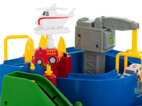 Tor przeszkód interaktywny samochodowy wyścigi parking 4 pojazdy auto radiowóz ambulans helikopter 32x32cm XXL